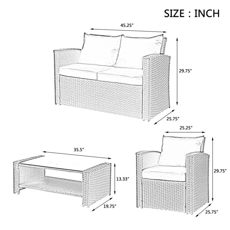 4 PCS Dark Grey Patio Furniture Set with PE Wicker Sofa, Loveseat Set, Chairs, and Tempered Glass Table