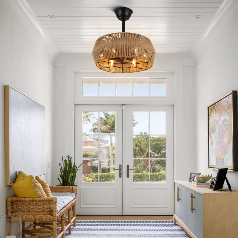 Bella Depot 18 Inches Rope-Woven Ceiling Fan with Light and Remote Control, 3-Speed Reversible Fan - 18 Inches