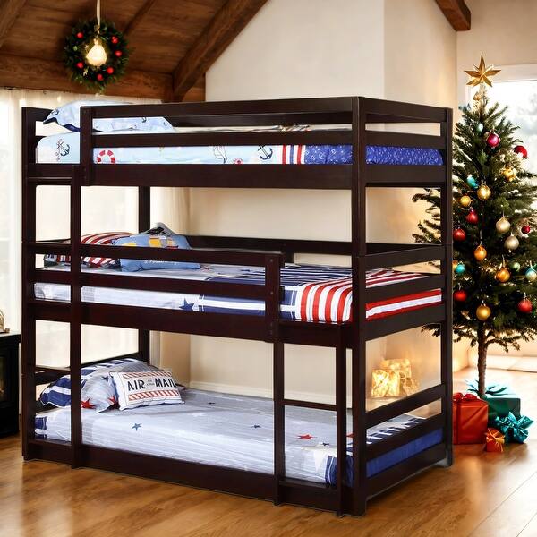 slide 2 of 6, Wooden Versatile Twin over Twin over Twin Triple Bunk Bed with Built-in Ladders Brown