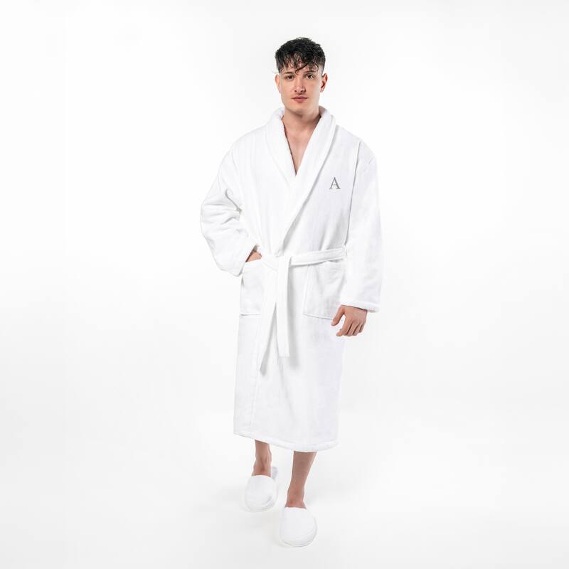 Authentic Hotel and Spa 100% Turkish Cotton Personalized Unisex Anovia Velour Bathrobe - Grey Block Font