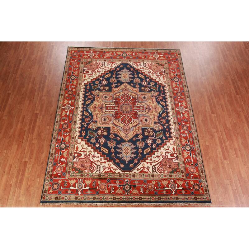Navy Blue Heriz Serapi Indian Area Rug Handmade Wool Carpet - 9'0" x 11'10"