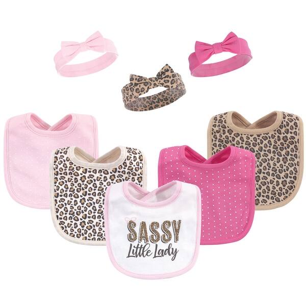 slide 1 of 1, Hudson Baby Infant Girl Cotton Bib and Headband or Caps Set 8pk, Sassy, One Size - Sassy - One Size