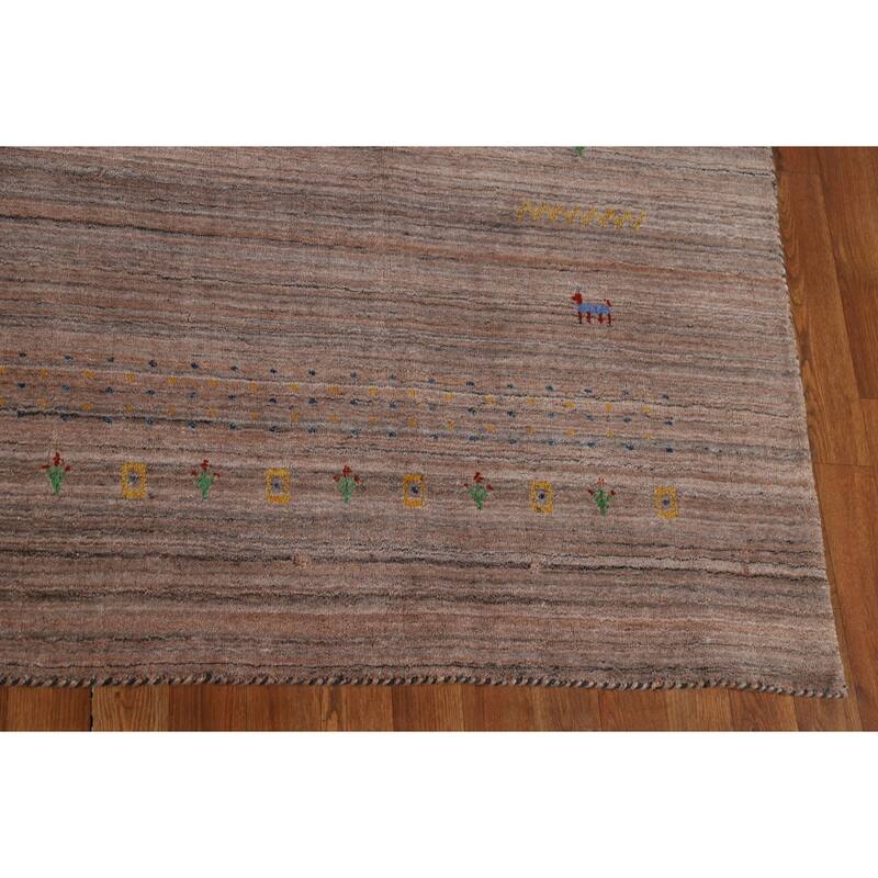 Striped Brown Tribal Gabbeh Oriental Area Rug Hand-Knotted Wool Carpet - 8'0"x 9'9"