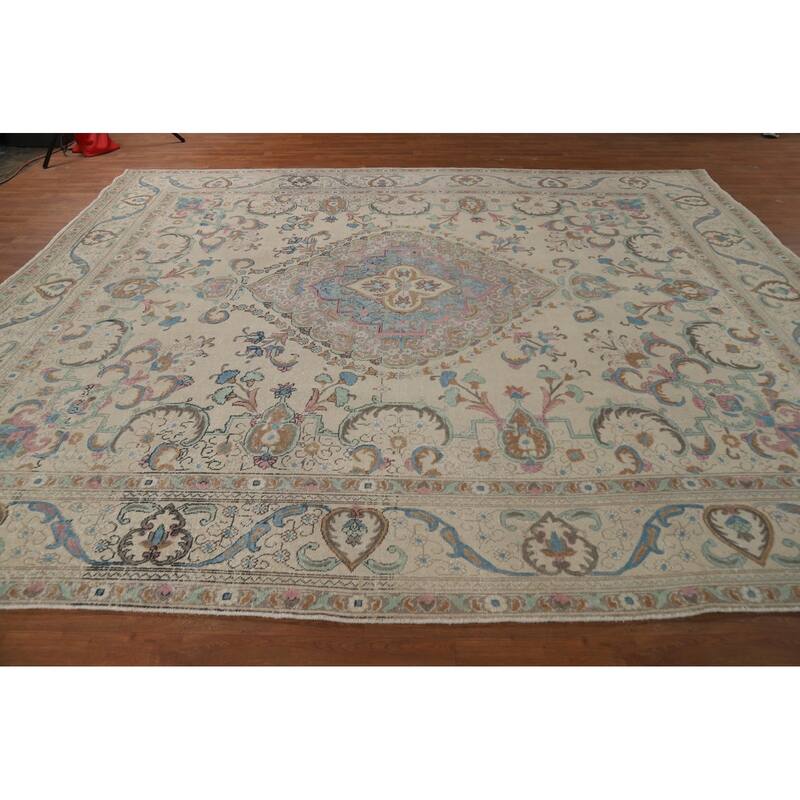 Floral Tabriz Persian Area Rug Oriental Hand-Knotted Beige Wool Carpet - 9'11"x 11'9"