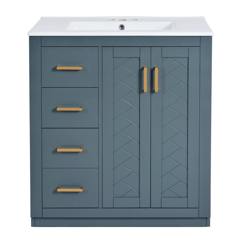 30" Bathroom Vanity with Ceramic Sink - Solid Wood Frame, 3 Drawers & 2 Soft-Close Doors - Modern Freestanding Storage Cabinet