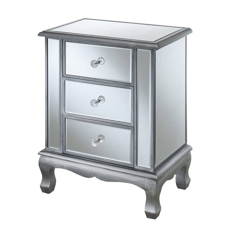 3 Drawer Mirrored End Table with Crystal Knobs, Traditional Accent Table with Cabriole Legs for Bedroom or Living Room Décor