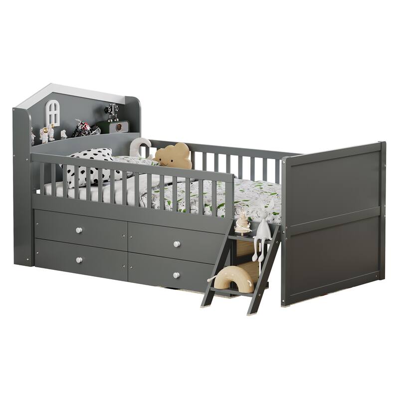 Twin Size Platform Bed Frame with 4 Storage Drawers & Guardrail Headboard for Bedroom, Wooden Kids Storage Bed with Ladder