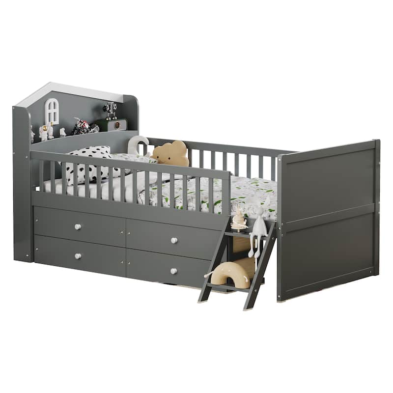 Twin Size Wooden Bed Frame with Storage Drawers, Guardrail, and Ladder for Kids, Easy Assembly, Gray