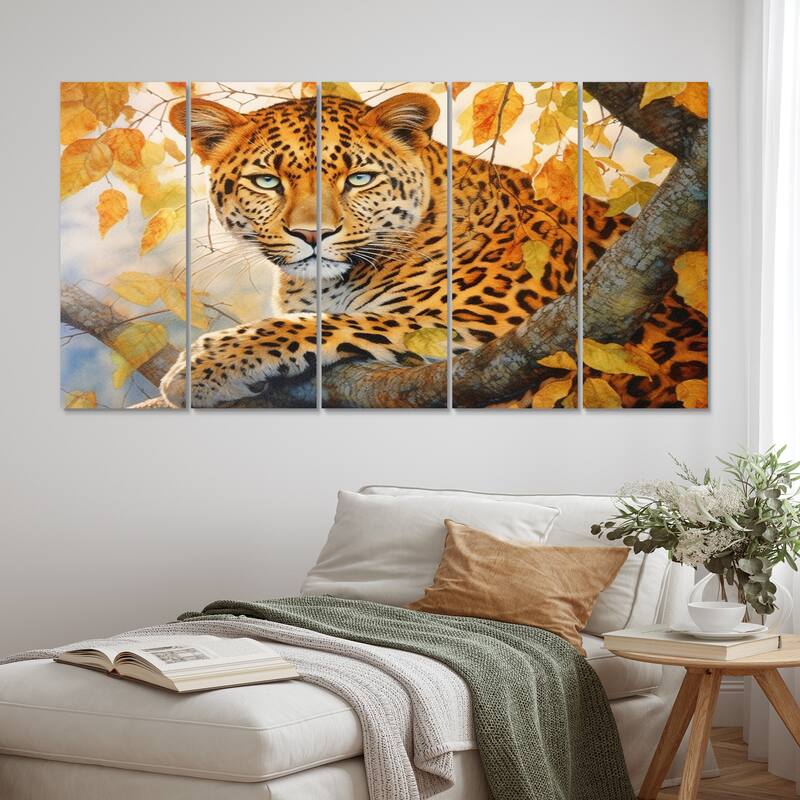 Designart "Leopard Grace I" Animals Multipanel Canvas Print set - 60 In. Wide X 28 In. High - 5 Panels Equal Panels