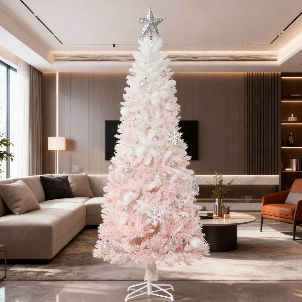 Christmas Trees,Tall Pencil Fir Artificial Christmas Tree with Realistic Branches and Steel Base - Pink,White