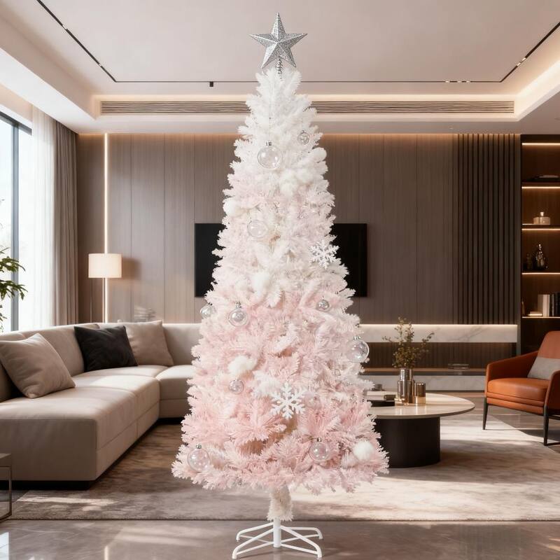 Christmas Trees,Tall Pencil Fir Artificial Christmas Tree with Realistic Branches and Steel Base - Pink,White - Pink,White