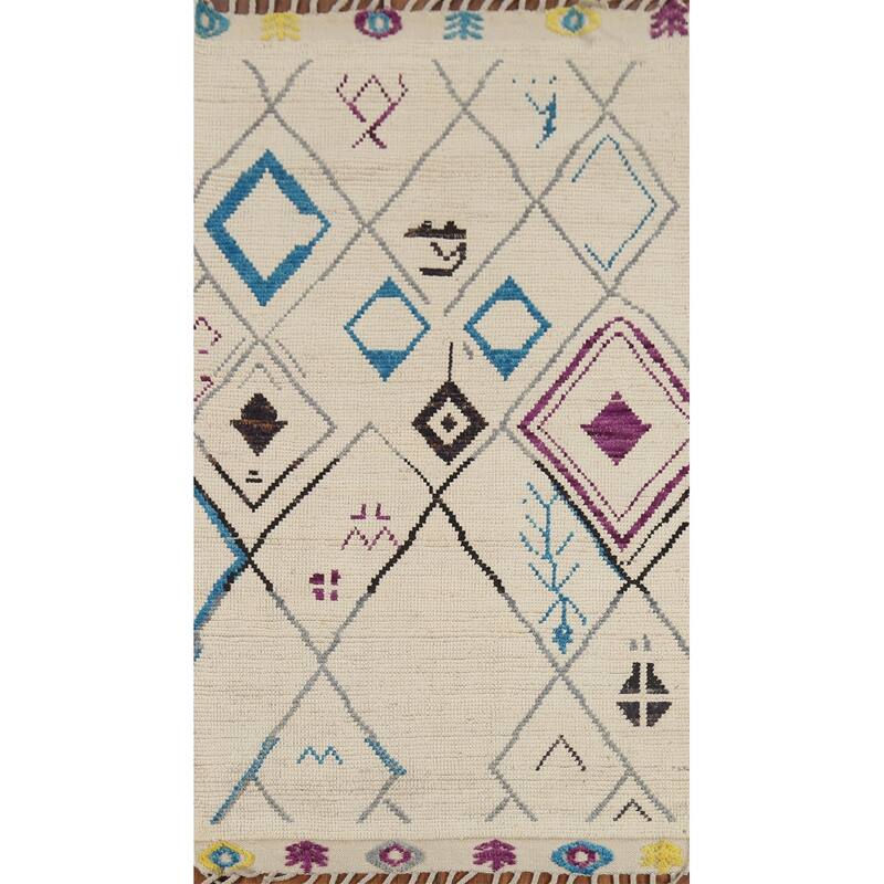 Striped Ivory Moroccan Oriental Area Rug Handmade Wool Carpet - 3'10"x 6'11"