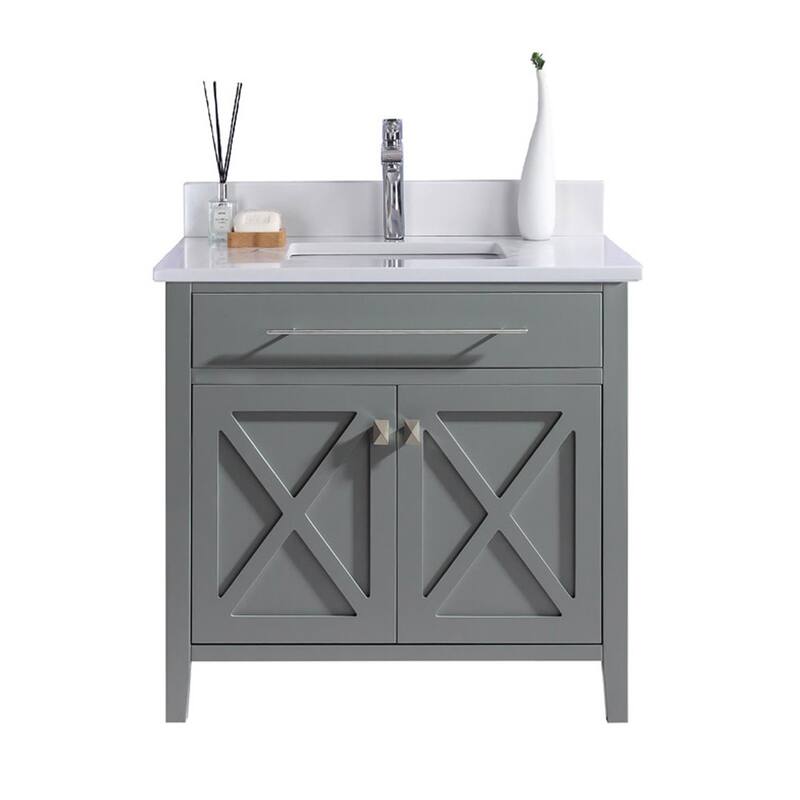 Miseno MV-36-313YG319 Wimbledon 36" Free Standing Single Basin Vanity - Grey / White Quartz - Steel Finish