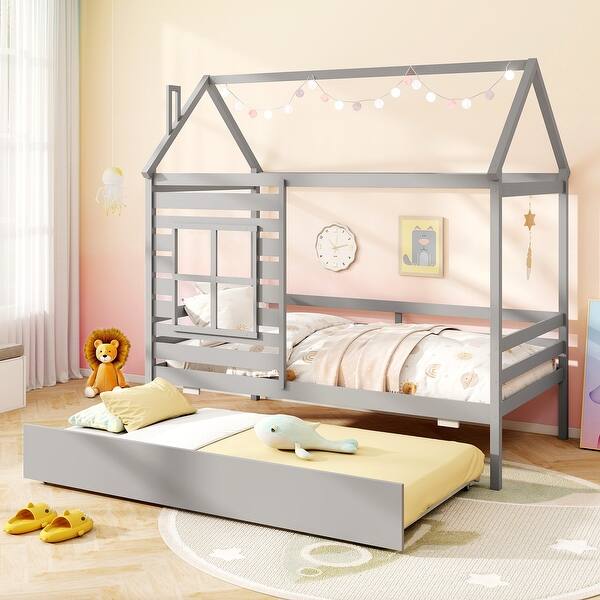 slide 2 of 21, Twin House Bed Frame with Trundle Wooden Platform for Kids Bedroom Grey