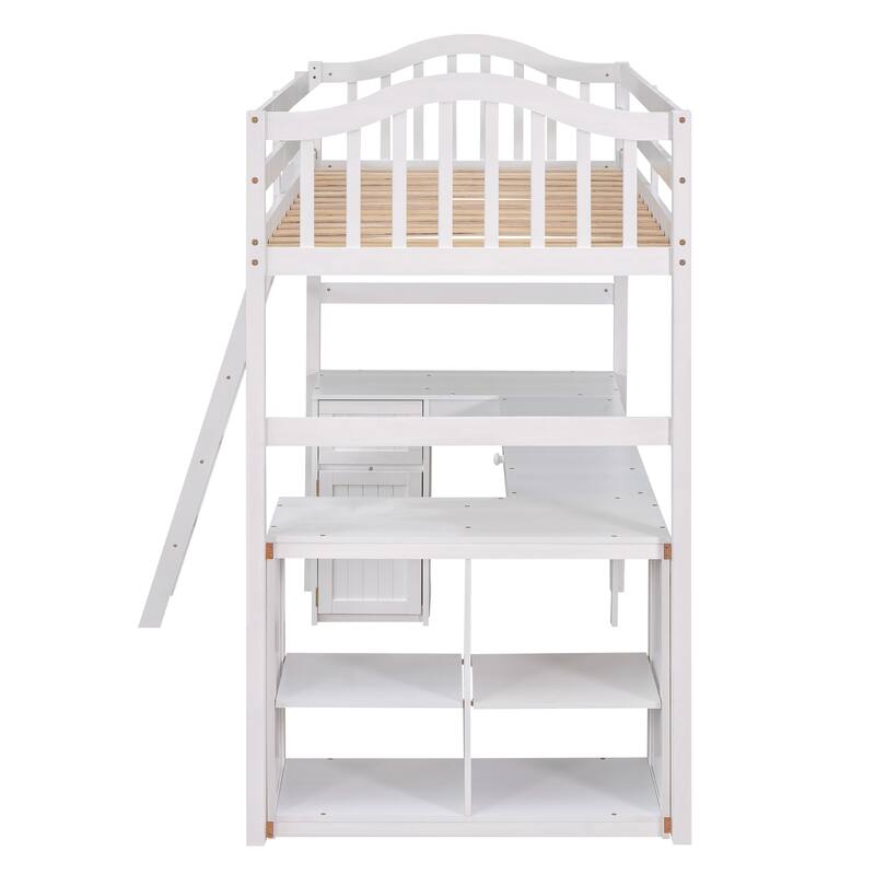 Twin Size Loft Bed with Desk, Storage Drawers, and Shelves, Solid Pine Wood Frame