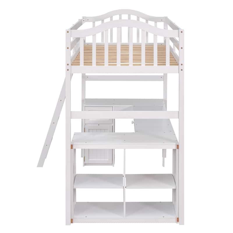Twin Size Wooden Loft Bed with Desk, Storage Shelves, and Drawers, Gray Finish
