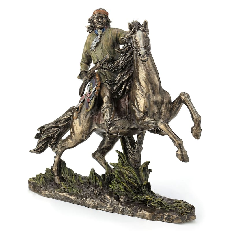 12.01" H APACHE WARRIOR ON HORSEBACK WITH RIFFLE AND SHIELD Cold Cast Bronze - 5.51"x12.01"x11.22"