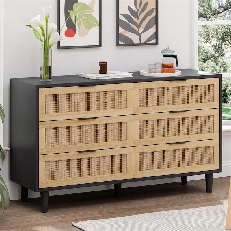 51" Rattan Storage Cabinet with 6 Drawers and Wood Legs - Black
