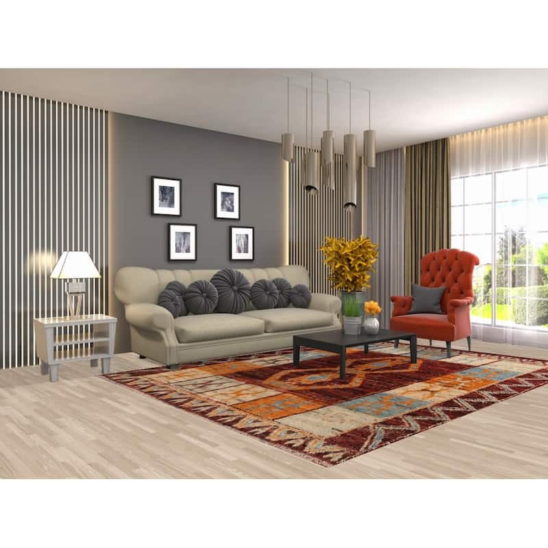 Hand Knotted Oriental 100% Wool Carpet Modern Tribal Red Moroccan Area Rug - 9' 9'' X 7' 0''