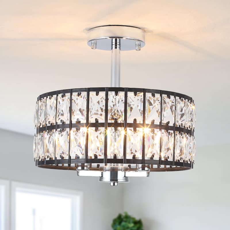 3-Light Crystal Semi Flush Mount Lights for Living Room Hallway - Black+Chrome