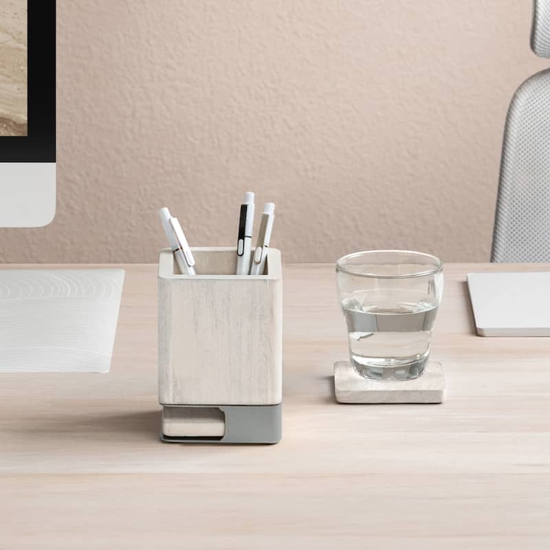 Jani Wooden Pen Cup Holder with 2 Coasters - Stained Mango Wood & Powder-Coated Metal Organizer for Home, Office & Living Spaces - White Wash/Nickel