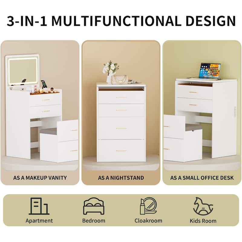3 in 1 Vanity Desk with Flip Mirror, Glass Top Makeup Table with Charging Station, 3 Drawers & Stool for Bedroom