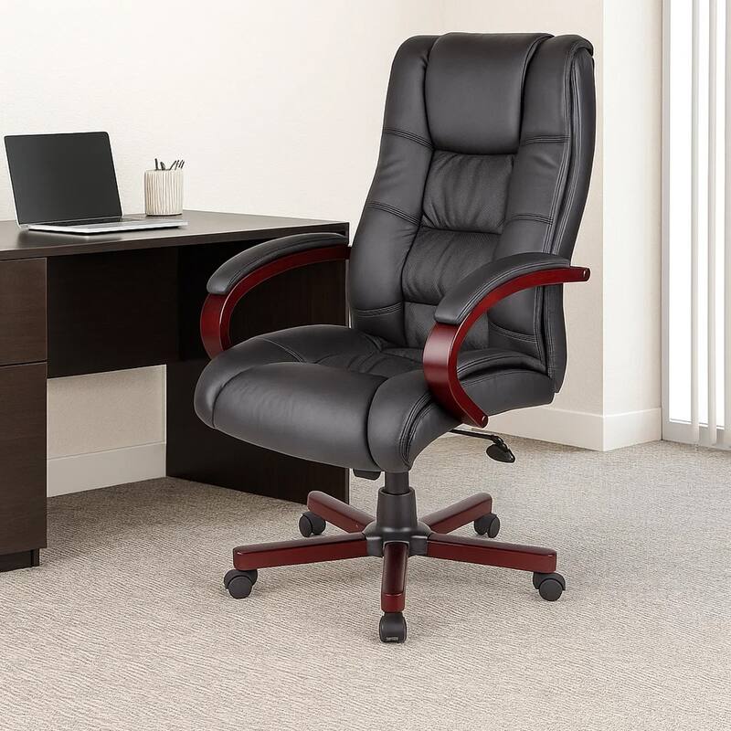 Zoey High-Back Executive Chair, Black Vinyl, Mahogany Wood Finish