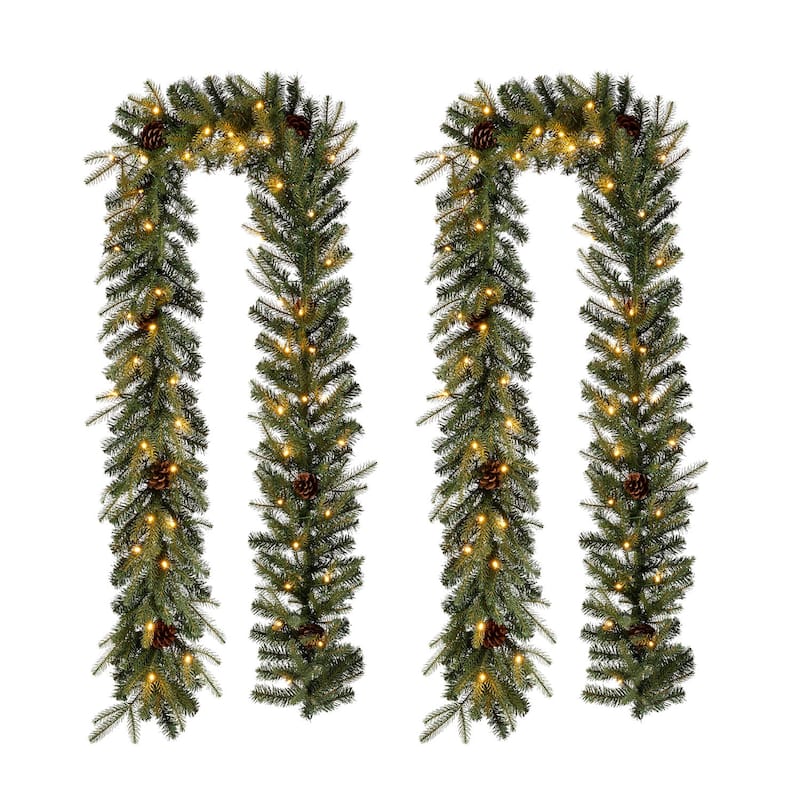 Glitzhome 9'L Pre-Lit Christmas Garland with Warm White LED Light - 2PCS Greenery