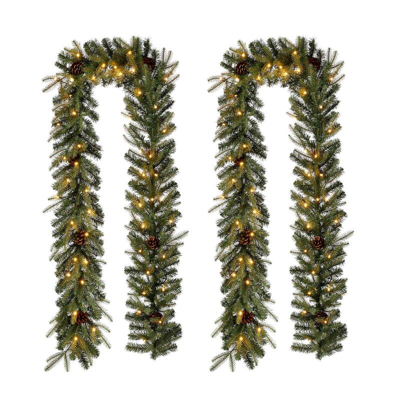 Glitzhome Pre-Lit Greenery Pine Cone Christmas Wreath with Warm White LED Light - 2PK Garland