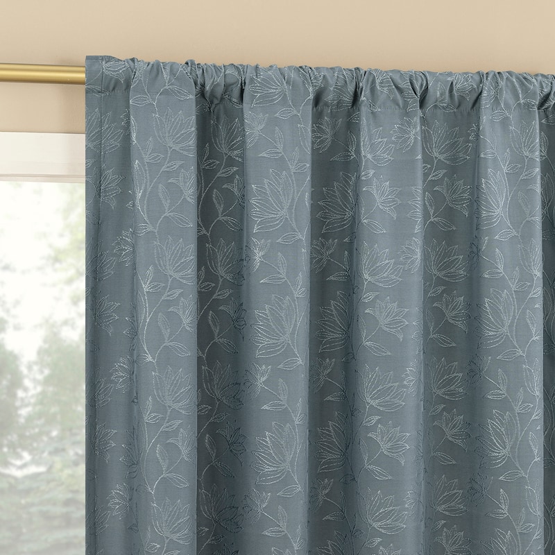 Sun Zero Bronte Floral Jacquard Total Blackout Rod Pocket 1-Piece Curtain Panel, Single Panel - 50" x 84" - Denim Blue