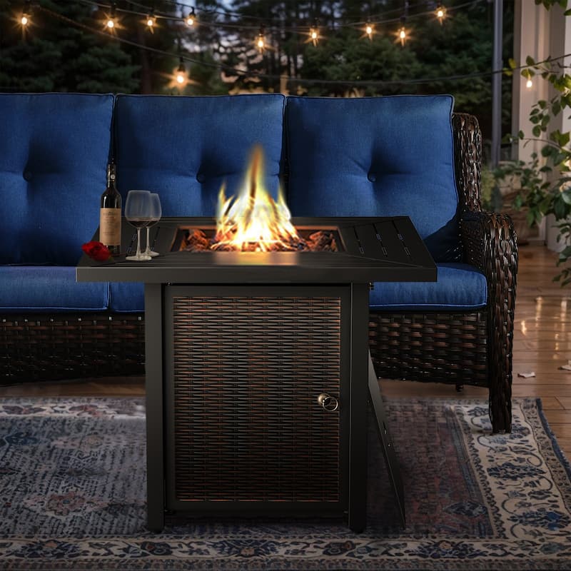 Outdoor Propane Fire Pit Table - 55000 BTU, Adjustable Flames - Square - Brown