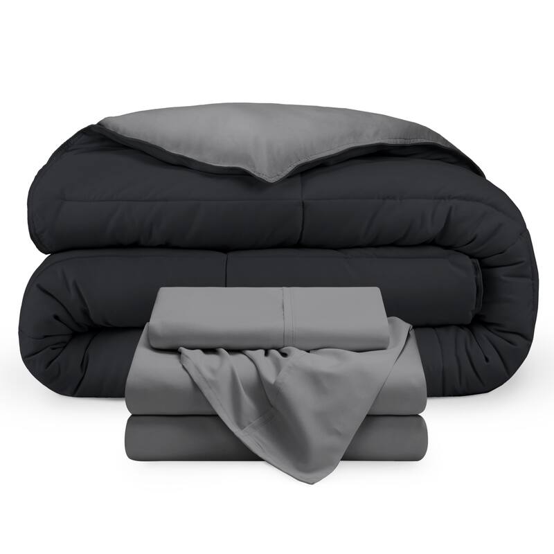 Bare Home Down Alternative Reversible Bed-in-a-Bag - Black/Grey, Sheets: Grey - Twin XL