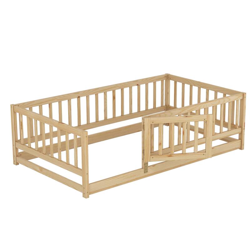 Twin Size Pine Wood Floor Panel Bed with Safety Fence and Removable Door