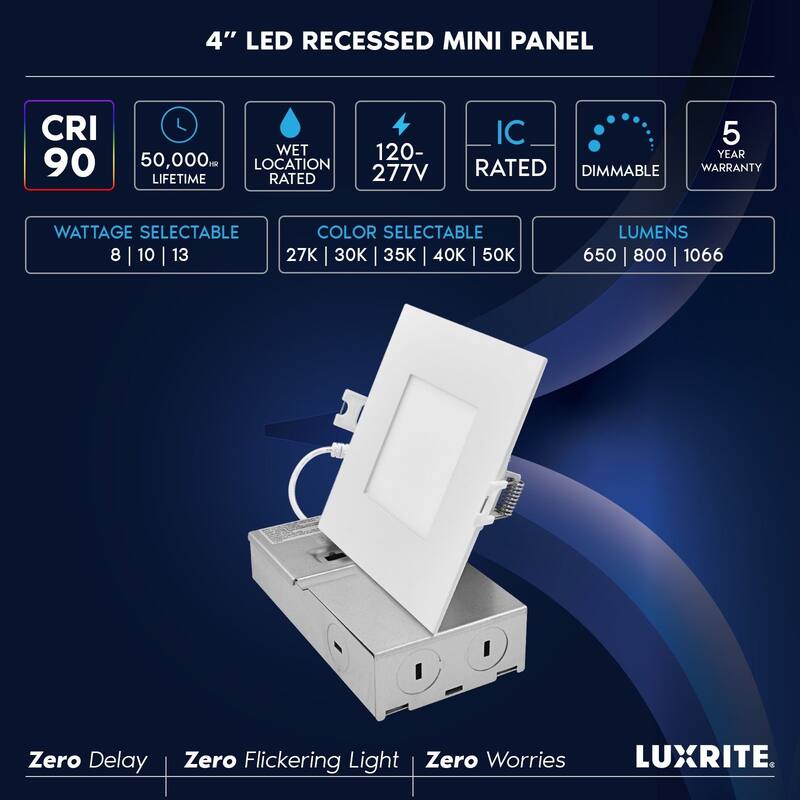 LUXRITE 4 Inch Square Canless Spotlight LED Recessed Light 5CCT Dimmable 650/800/1066 Lumens CRI 90, 8W/10W/13W ETL