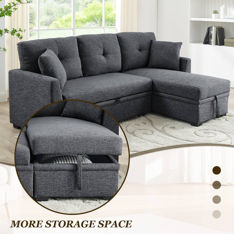 Polyester Upholstered L-Shaped Tufted Storage Modular Sleeper Sectional Sofa with 2 Pillows