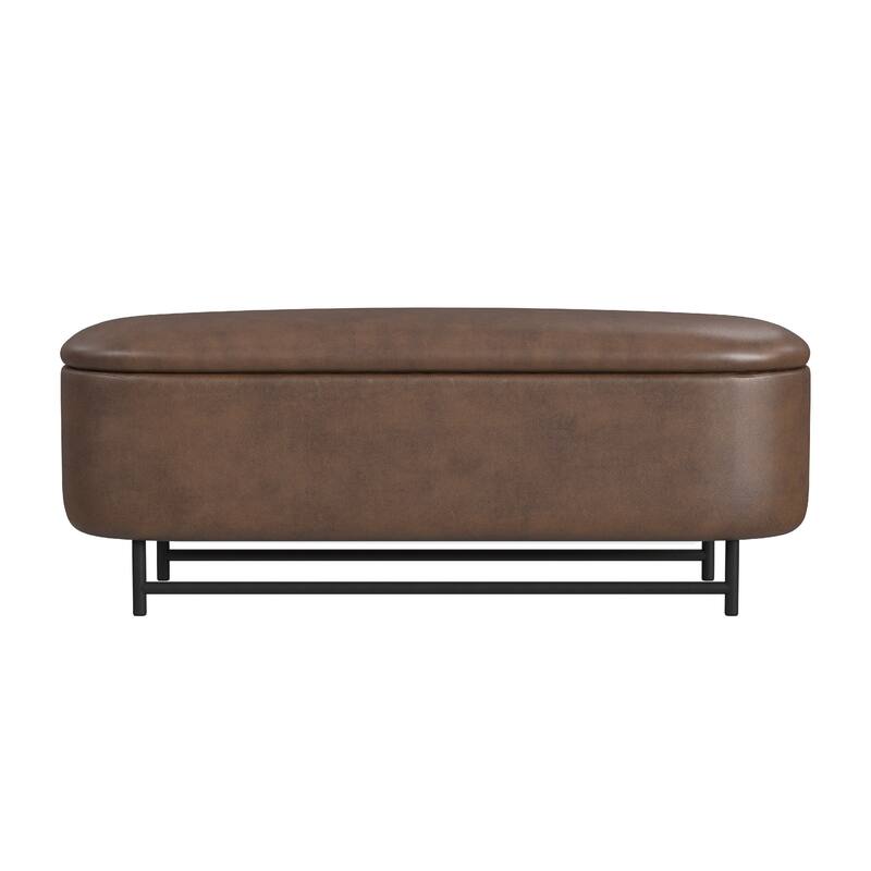 Pat Storage Bench Ottoman, Brown Faux Leather, Black Metal, 46 Inch