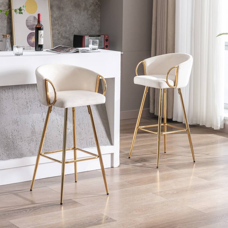 Velvet Bar Stools Set of 2, Counter Height Bar Chairs with Armrests, Kitchen Island Stools with Footrest and Golden Legs