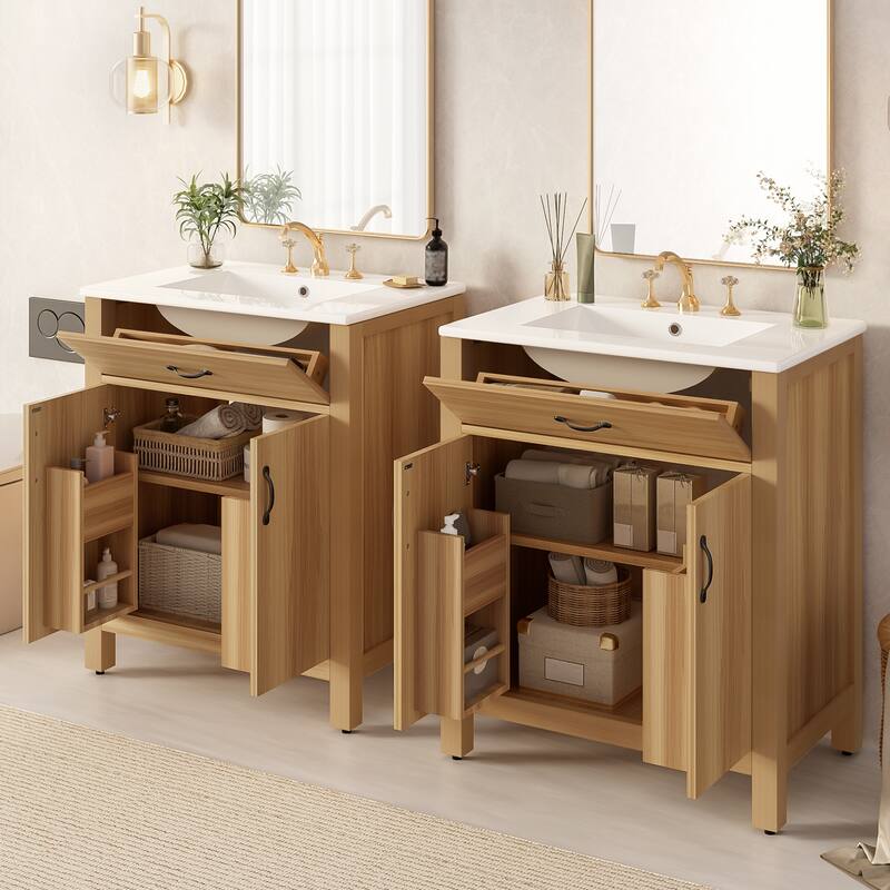 GDFStudio - Barro Transitional Freestanding Bathroom Vanity Cabinet Set with Double Ceramic Sink & Soft Close Storages, Set of 2