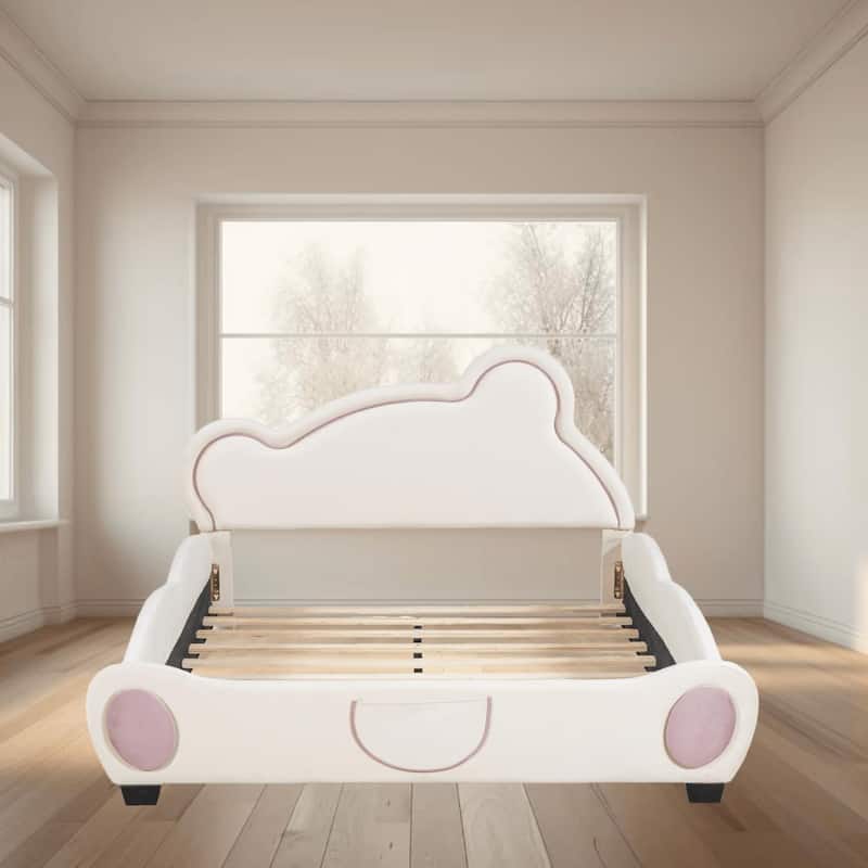Cartoon Full Size Velvet Platform Bed Frame with Adorable Bear-Shaped Headboard and Bed-End Storage Pockets for Bedrooms