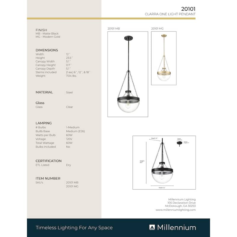 Millennium Lighting Clarra 1 Light Pendant Fixture