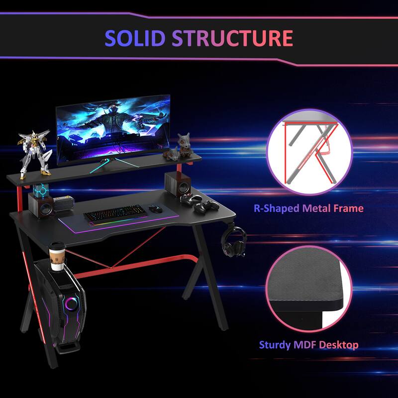 Racing Style Gaming Desk with Double Desktop, Carbon Fiber Top, and Cup Holder for Home Office