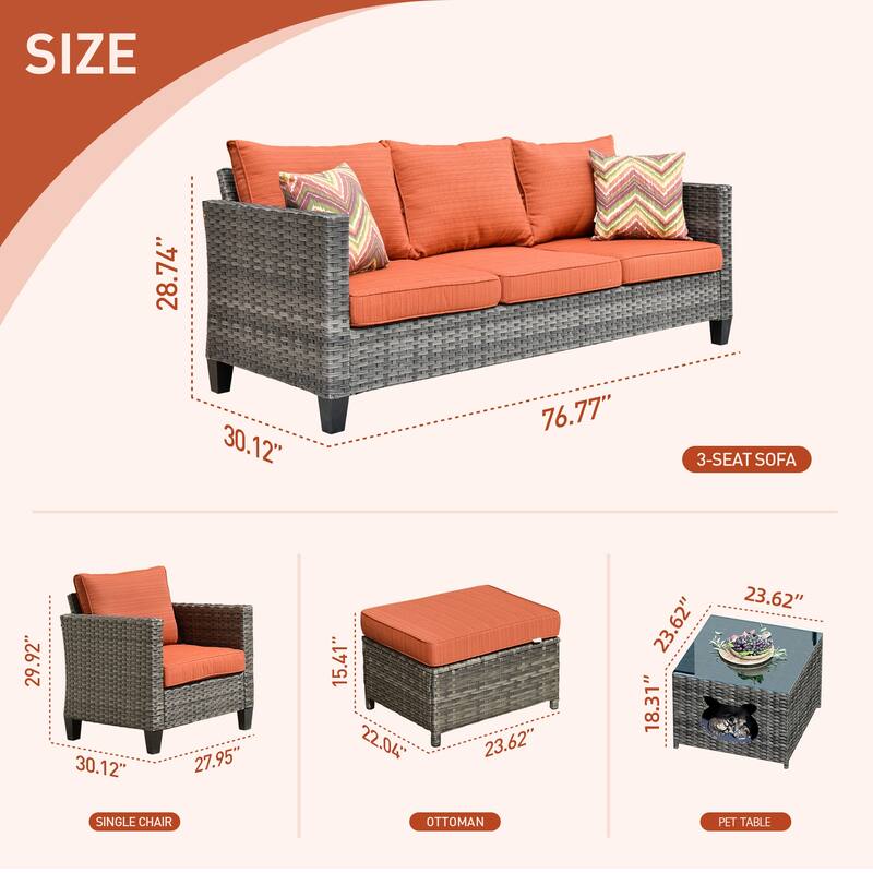 OVIOS 6-piece Patio Wicker Conversation Sectional Set With Cat Head-shaped Storage Table