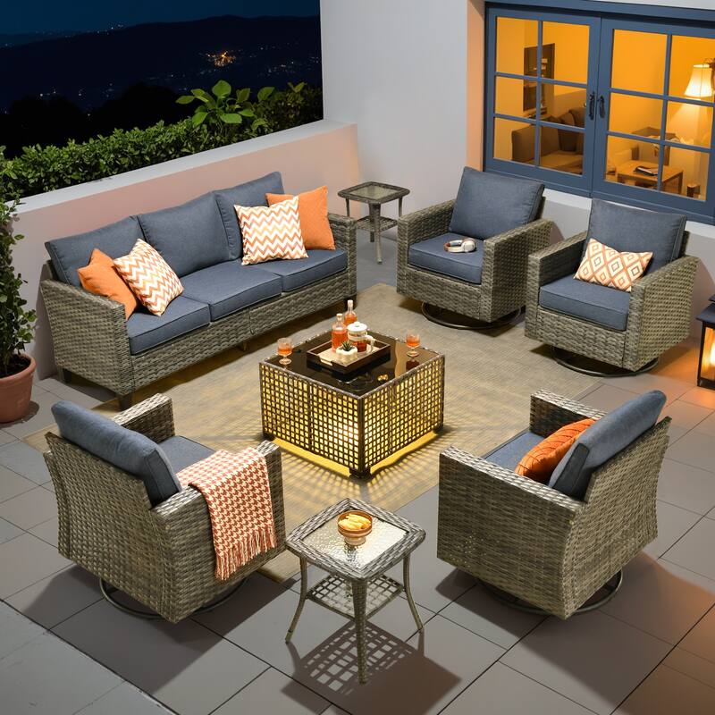 OVIOS 8 Pieces Outdoor Swivel Chair Set with Solar-Powered Table