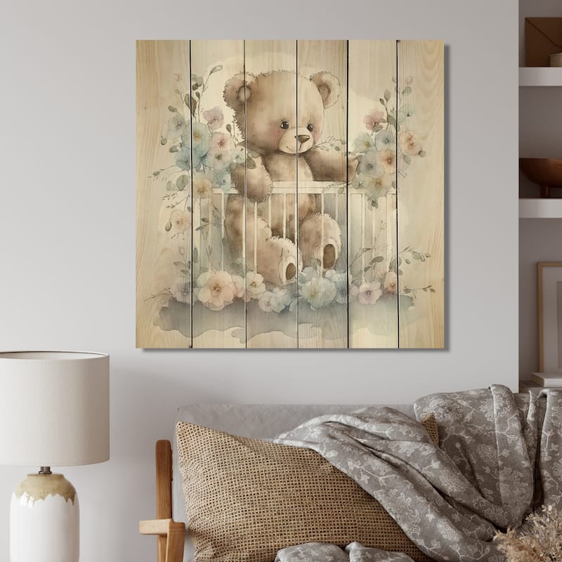 Designart 'Teddy Bear In Crib With Flowers II' Animals Bear Wood Wall Art - Natural Pine Wood