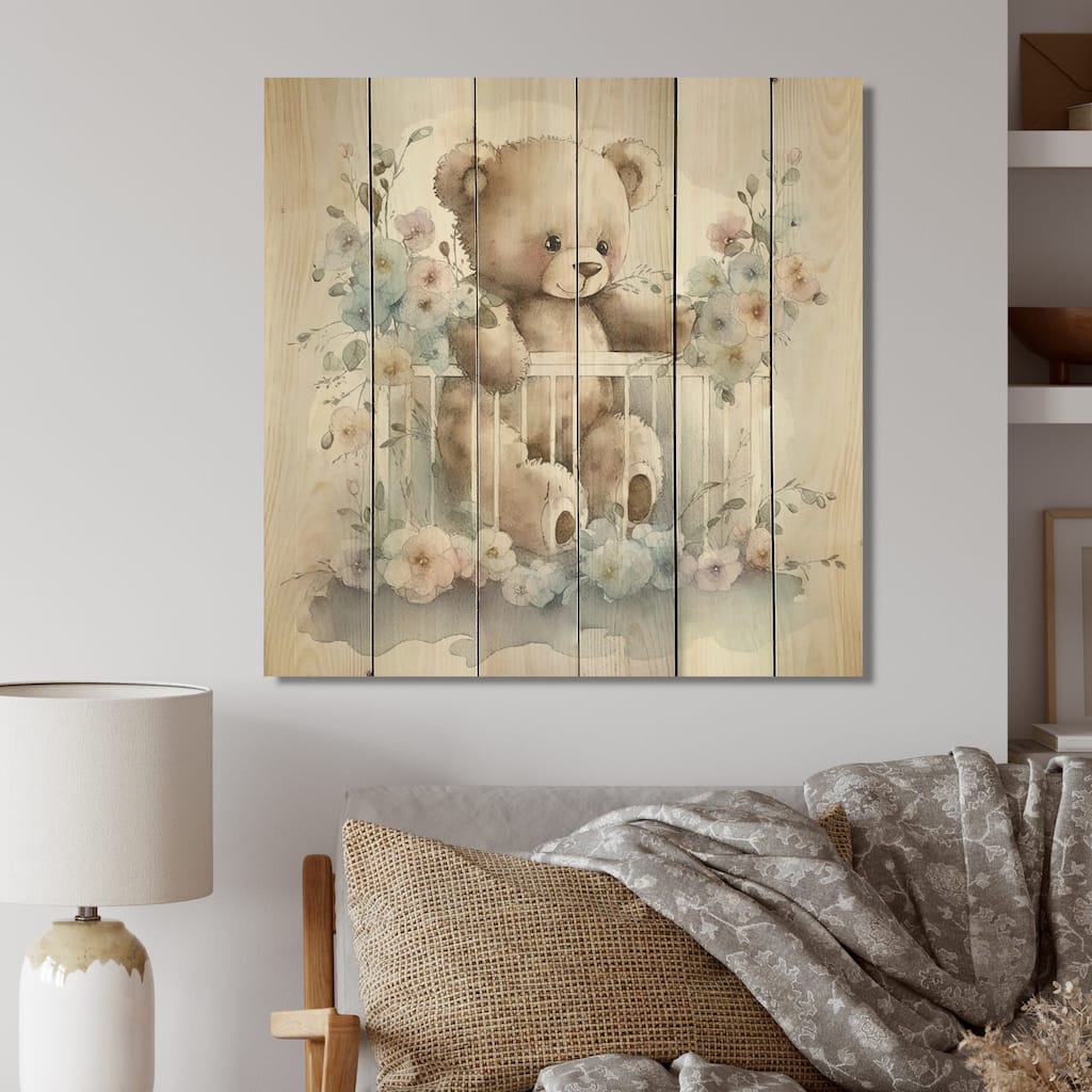 Designart 'Teddy Bear In Crib With Flowers II' Animals Bear Wood Wall Art - Natural Pine Wood