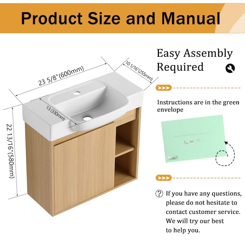 Malwee 24"/28" Floating Bathroom Vanity,Wall Mounted Bathroom Vanity with Ceramic Sink and Soft Close Door