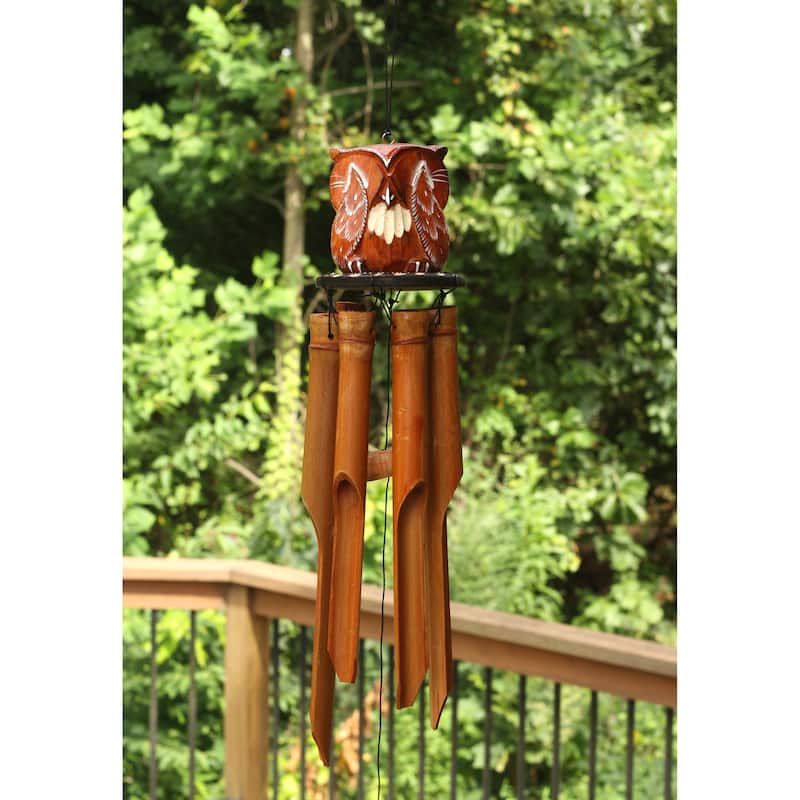 Handmade Wooden See No Evil Owl Bamboo Wind Chime Wood Statue Figurine Hoot Sculpture Art Rustic Patio Garden Outdoor Decor