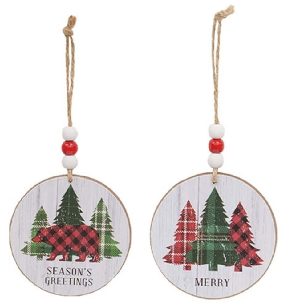 Rustic Woodland Round Christmas Ornaments Plaid Trees and Bear Designs with Jute Hanger 2 Asstd. - 3" diameter x .25" D