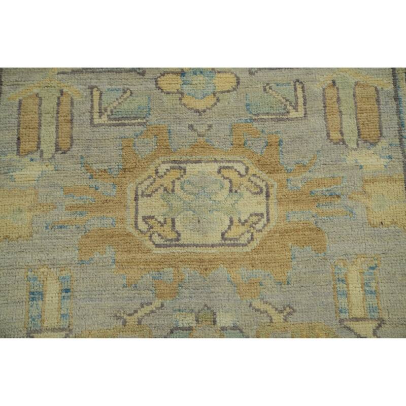 Vegetable Dye Wool Oushak Turkish Runner Rug, Floral Geometric Carpet - 13' 9'' X 2' 10''