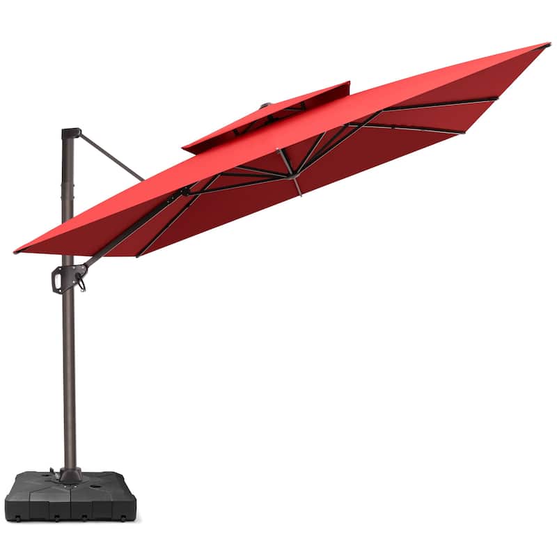 Outdoor 10FT Square Adjustable Offset Cantilever Patio Umbrella with Base - Red